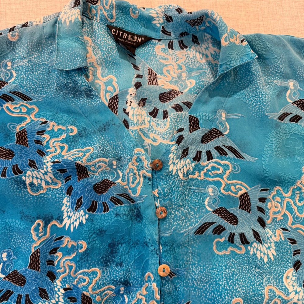 Citron Santa Monica 100% Silk Crane Print Blouse Blue Sleeveless Top Plus 1X - Picture 2 of 9